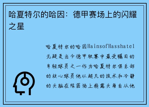 哈夏特尔的哈因：德甲赛场上的闪耀之星