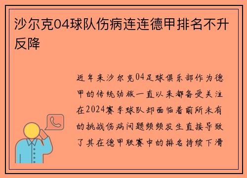 沙尔克04球队伤病连连德甲排名不升反降